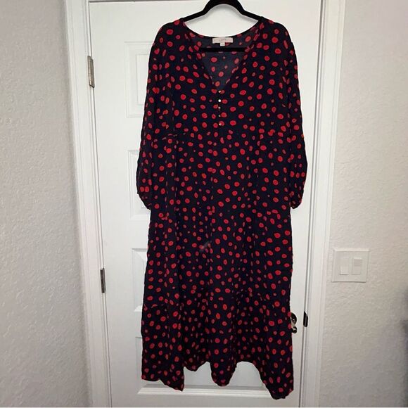 LOFT Polka Dot Print Long Sleeve 1/4 Button Down Ruffle Tier Maxi Dress - Picture 9 of 9